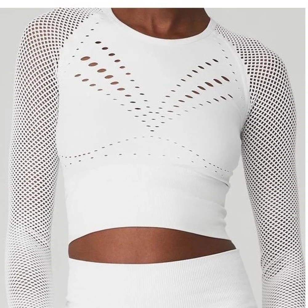 Alo Yoga Open Air Seamless Top Women Large White Mesh Long Sleeve Crop Workout